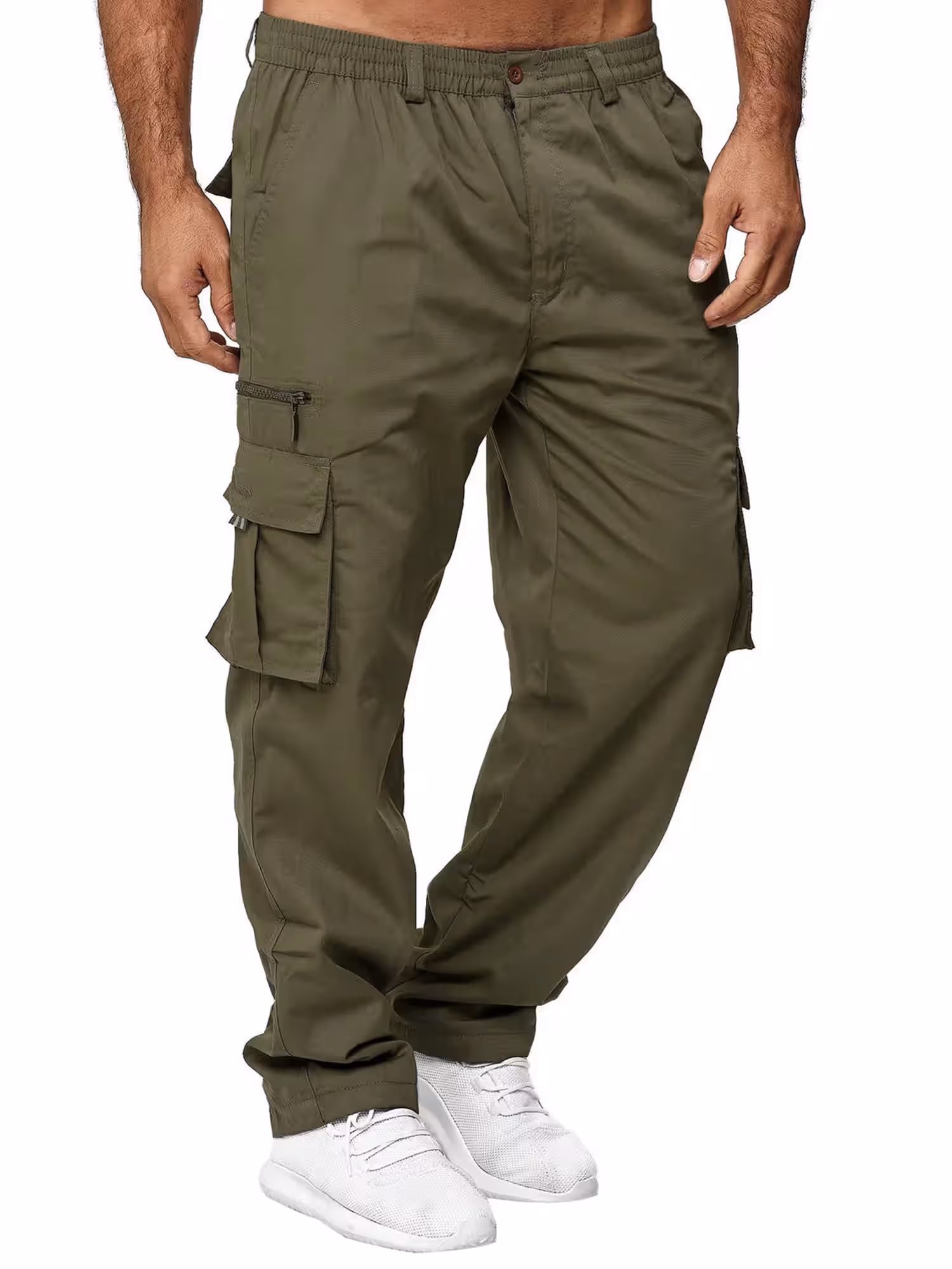 Mens Elastic Waist Loose Fit Lightweight Workwear Casual Cargo Long Pants