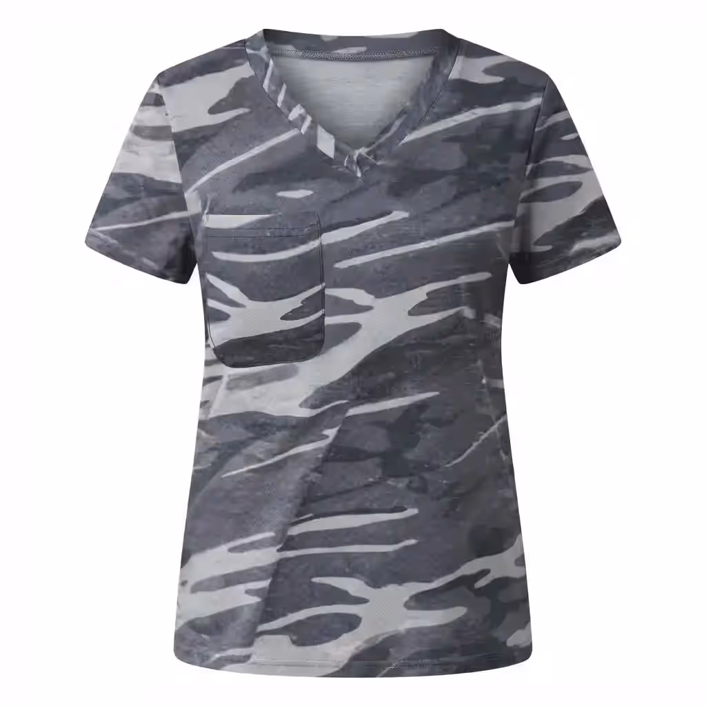 Women’s Tee Shirt Camo Print v-neck Short Sleeve Graphic T-shirts Casual Summer Loose Fit Tee Tops with Pocket